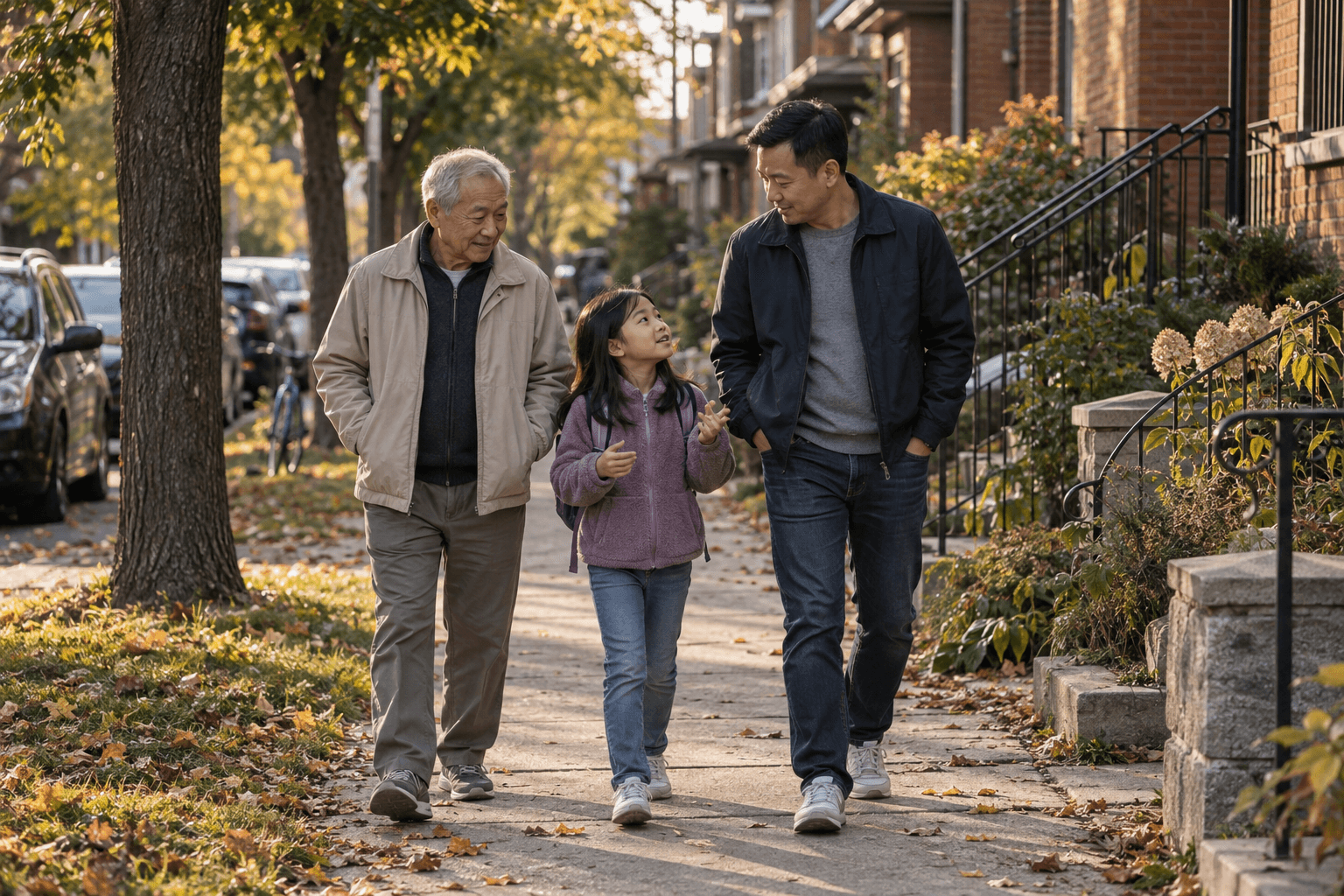 Ông, cha và con gái cùng đi bộ trên một con phố Canada vào mùa thu.